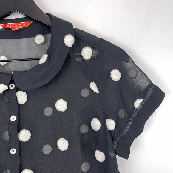 ModCloth (S) Polyester Sheer Textured Button Up Shirt Polka Dot Black - Picture 2 of 10
